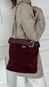 Burgundy Buckle Belted Suede Bucket Bag