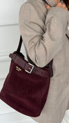 Burgundy Buckle Belted Suede Bucket Bag