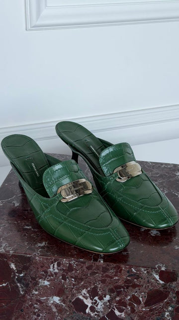 Green Crocodile-Embossed Kitten Heels