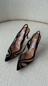 Black Lune Mesh-Trimmed Suede Slingback Pumps