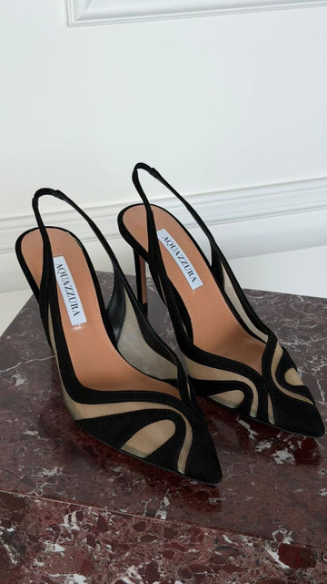 Black Lune Mesh-Trimmed Suede Slingback Pumps