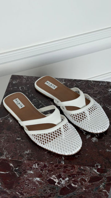 White Infradito Fishnet Flat Mules
