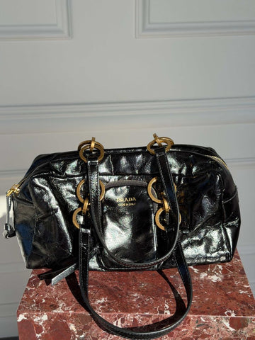 Black Crinkled Leather Bowling Bag With GHW