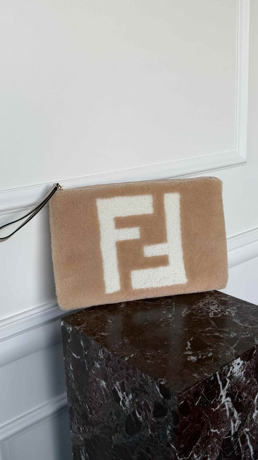 Beige & Cream Large Shearling FF Clutch
