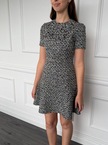 Multi Tweed Skater Dress With Mirror Embellishments