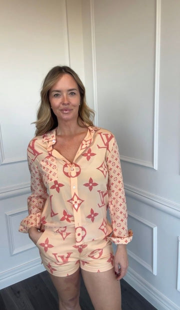 Orange & Multi Silk Monogram Shirt And Short Set