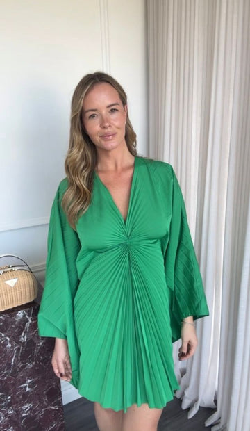 Green Pleated Batwing Dress
