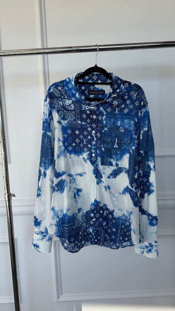 Men's Blue & White Monogram Bandana Hook Detail Shirt