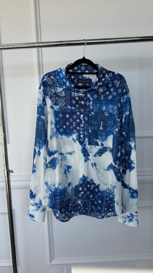 Men's Blue & White Monogram Bandana Hook Detail Shirt