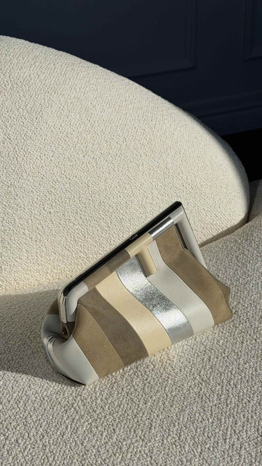 Neutral & Silver Small Fendi First Suede Clutch Bag With SHW