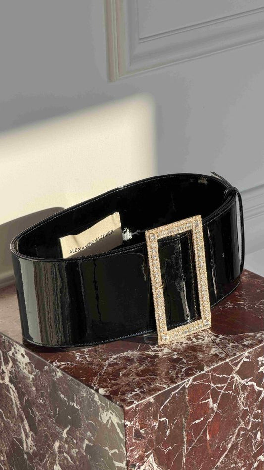 Black Wide Embellished Patent Leather Belt
