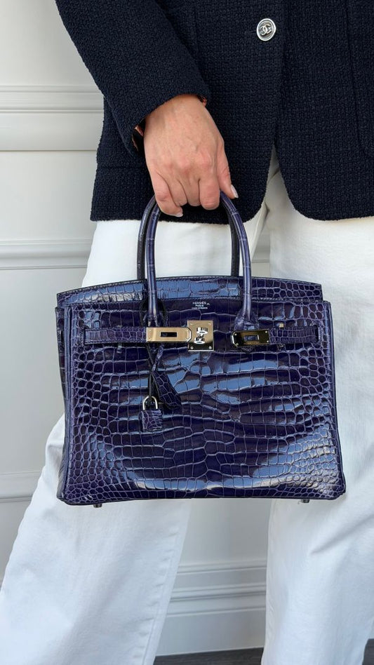 Birkin 30 Crocodile Porosus Shiny Bleu Encre With PHW 2020 D Stamp