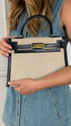 Vintage Kelly 28 Toile and Bleu Marine Courchevel With GHW 1989 Circle S Stamp