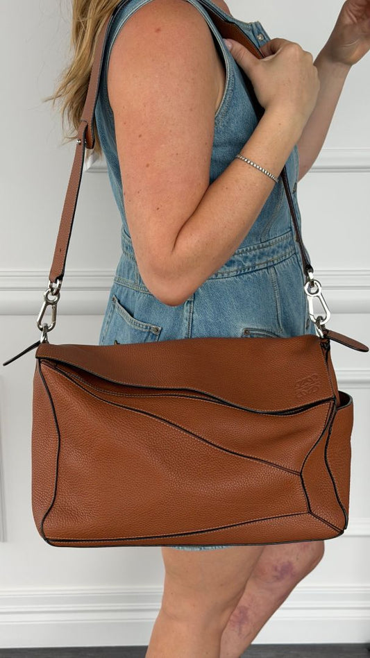 Tan Large Mens Classic Puzzle Bag With SHW