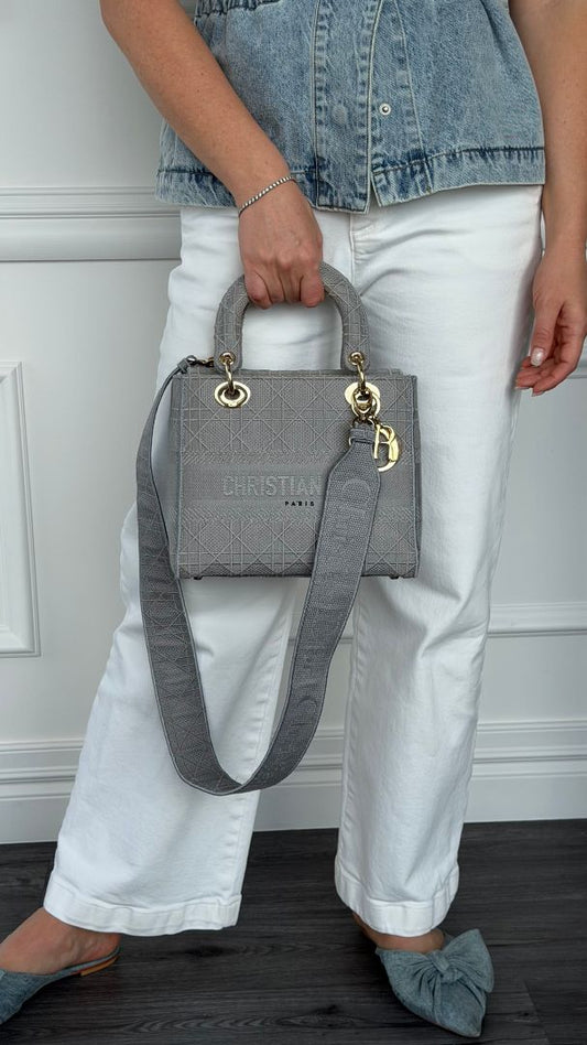 Grey Medium Cannage Embroidery Lady D-Lite Handbag With GHW