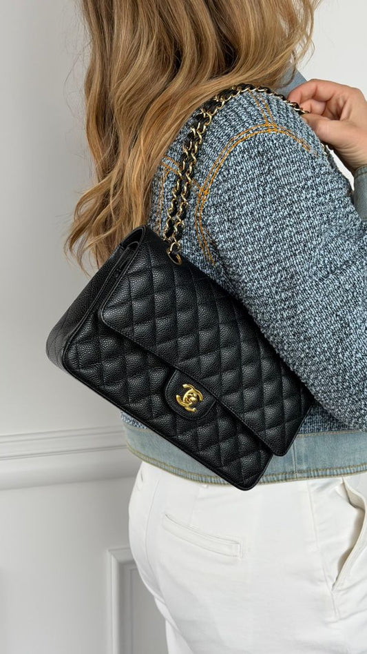 Black Medium Caviar Leather Classic Double Flap Bag With GHW
