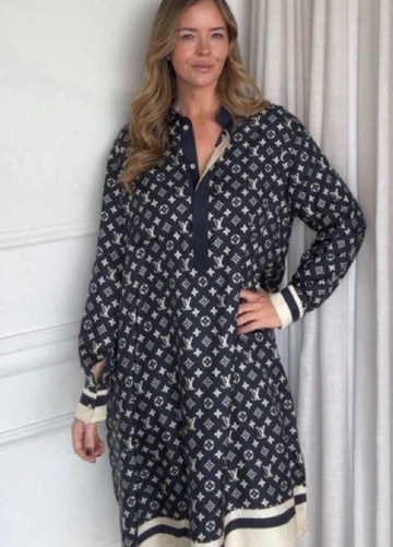Navy & Cream Monogram Long Sleeve Shirt Dress