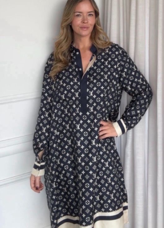 Navy & Cream Monogram Long Sleeve Shirt Dress