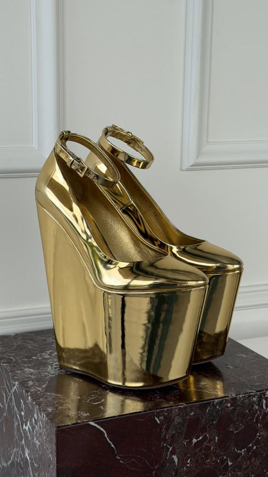 Gold Code Temporal Platform Heels