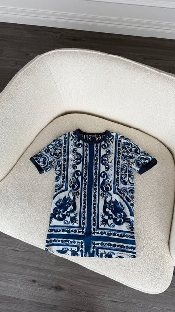 Mens Blue Majolica Print Cotton Tshirt