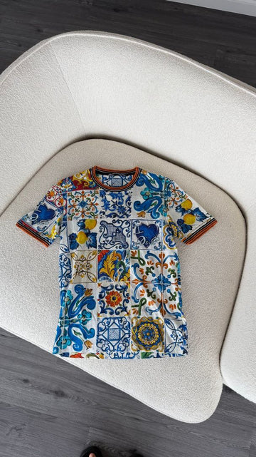 Mens Multicolour Majolica Print Cotton T-Shirt