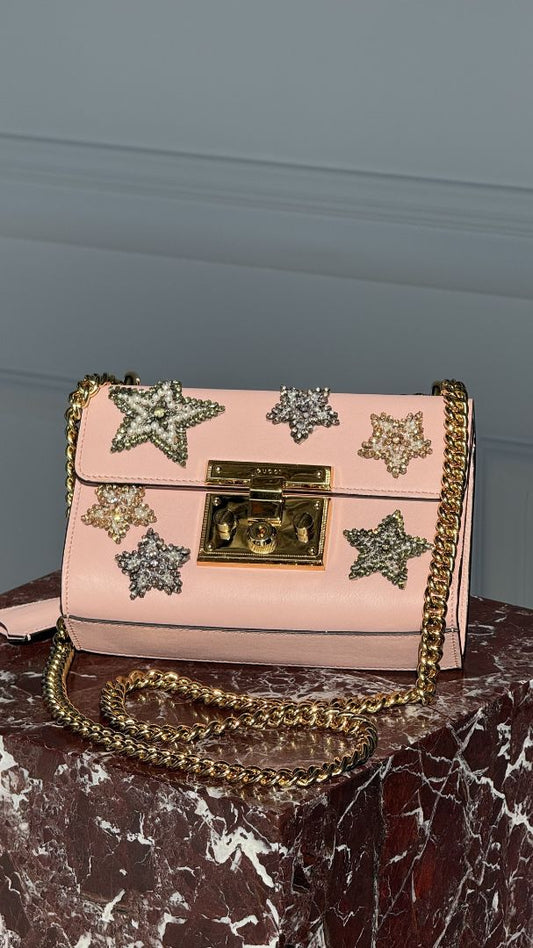 Pink Small Embroidered Padlock Shoulder Bag With GHW