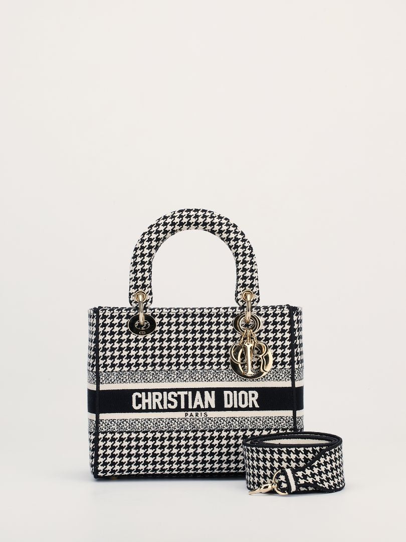 Black & White Medium Houndstooth Lady D'lite Bag With GHW