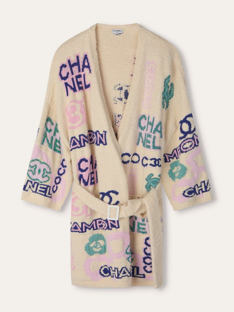 Cream Multicolour Belted Logo Cardigan