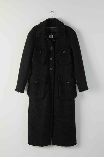 Black Wool Boucle Coat With Braided Trim