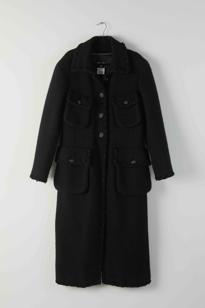 Black Wool Boucle Coat With Braided Trim
