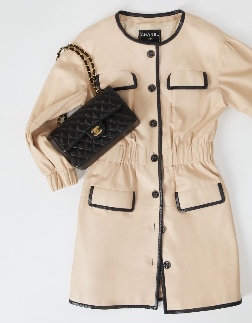 Beige & Black Mid-Length Leather Coat