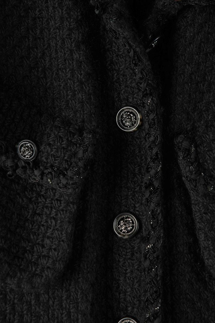Black Wool Boucle Coat With Braided Trim