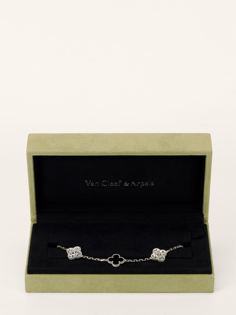 Vintage Alhambra White Gold Onyx & Diamond 5 Motifs Bracelet