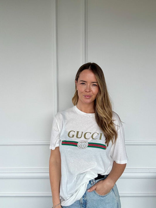 White Oversize Washed T-shirt With Gucci Logo