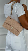 Beige Small Classic Caviar Double Flap Handbag With GHW