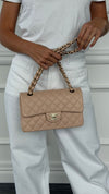 Beige Small Classic Caviar Double Flap Handbag With GHW