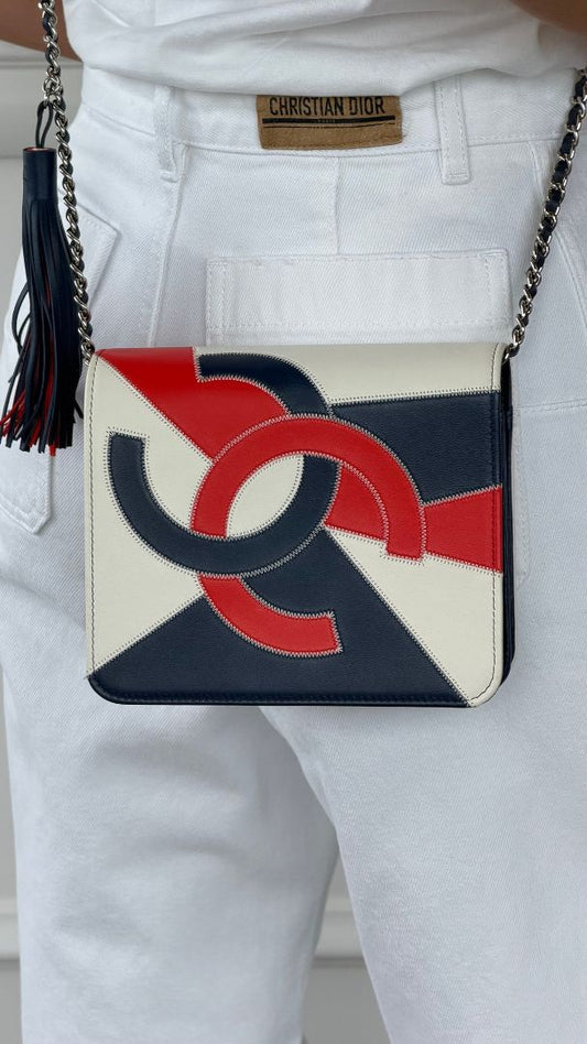 Blue & Red & White CC Tassel Patchwork Flap Bag With SHW