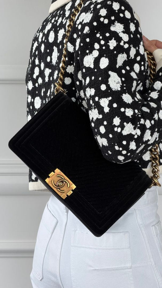 Black Old Medium Chevron Velvet Boy Bag With GHW