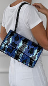 Blue & Black Sequinned Waterfall Medium Double Flap Handbag With So Black HW