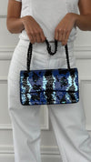 Blue & Black Sequinned Waterfall Medium Double Flap Handbag With So Black HW
