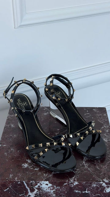 Black Rockstud Plexi Wedge Sandals