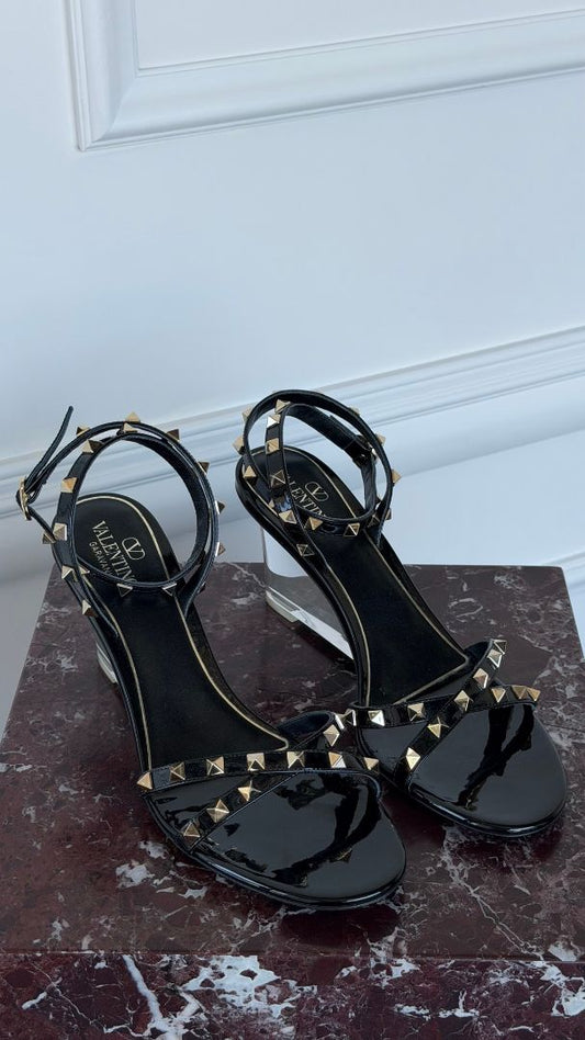 Black Rockstud Plexi Wedge Sandals