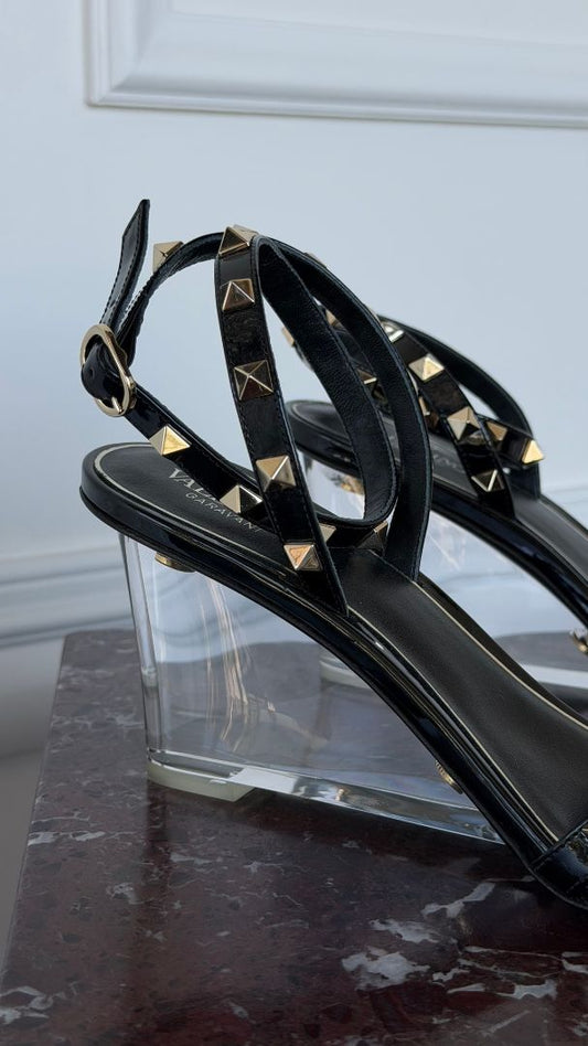 Black Rockstud Plexi Wedge Sandals