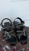 Black Strappy Grommet Leather Kitten Heels