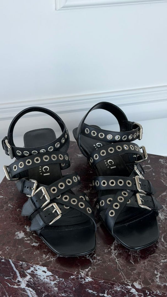 Black Strappy Grommet Leather Kitten Heels