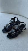 Black Strappy Grommet Leather Kitten Heels