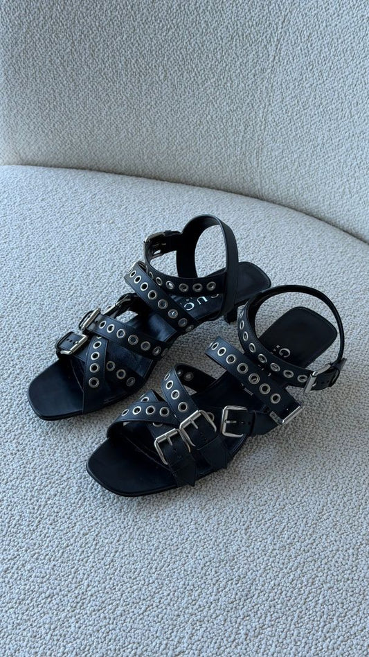 Black Strappy Grommet Leather Kitten Heels