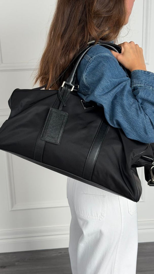 Black Re-Nylon & Saffiano Leather Duffle Bag