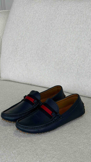 Navy Web Leather Loafers