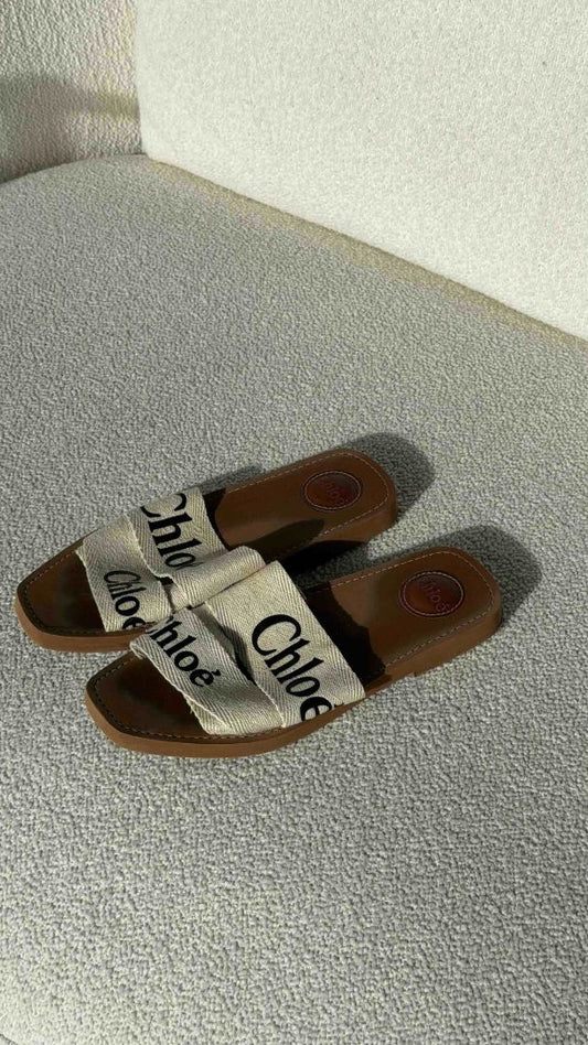 Beige/Black Logo Printed Slip-On Sandals 39